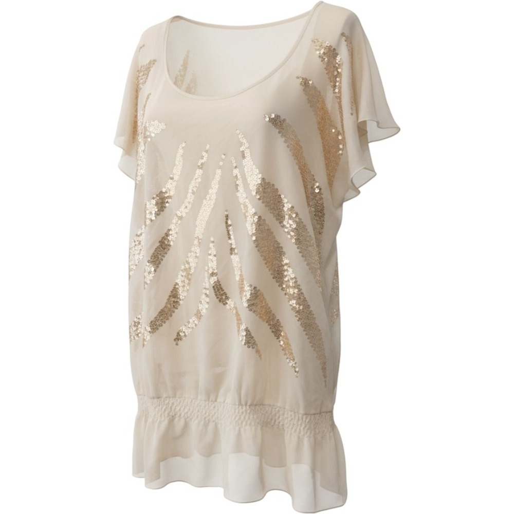 Lane Bryant Cream Gold Sequin Zebra Tunic Top Smocked Ruffle Hem Plus Size 22/24